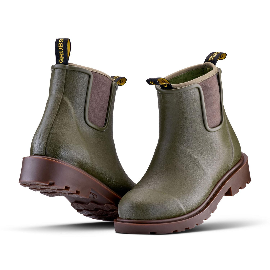Grubs Bromley 4.0 women's waterproof Chelsea boots in olive green rubber with brown elastic gussets and brown sole, pair three-quarter view