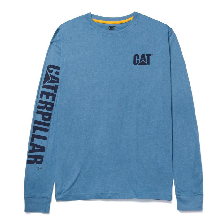 Caterpillar Trademark Banner Long Sleeve T-Shirt Teal - Tagless back neck for comfort, Logo print on right and left chest