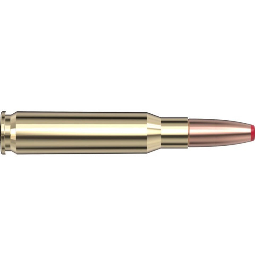 Hornady .308 Win 165gr ECX cartridge, side-profile render of the short brass case with a copper monolithic bullet and red polymer tip on white