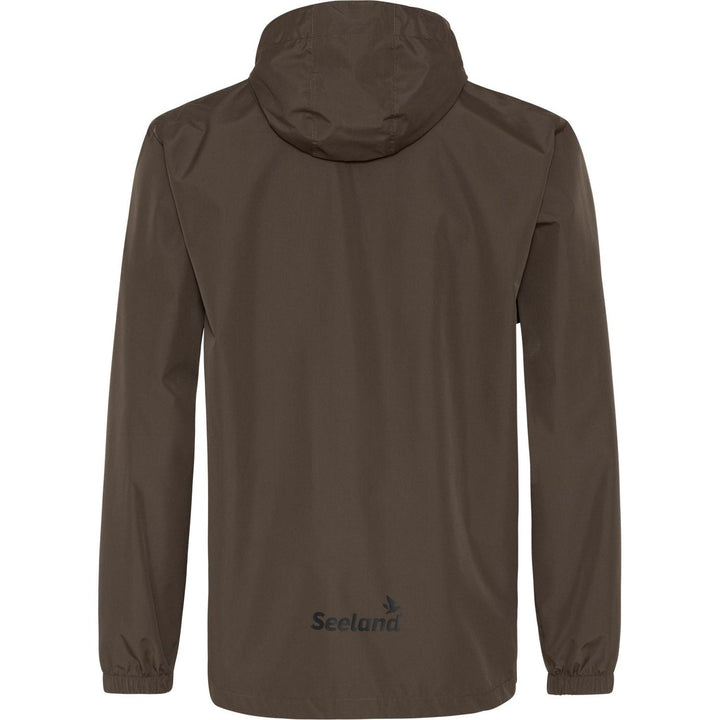 Taxus jacket flat lay back view, showing the hood and the Seeland script logo across the lower back