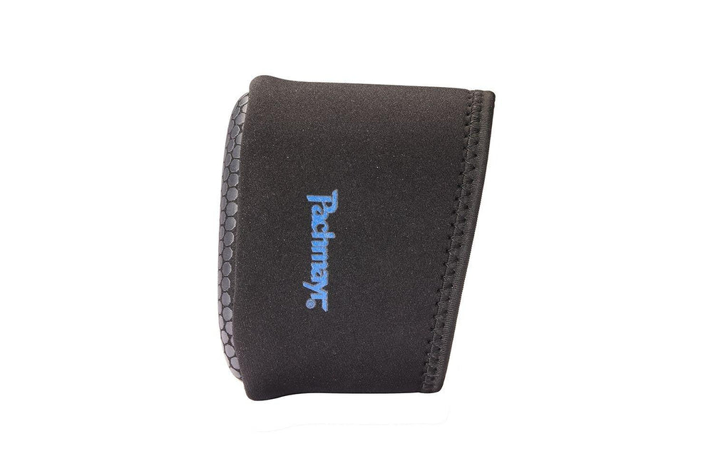 Pachmayr Shock Shield slip-on recoil pad in black, angled view showing the open sleeve and blue Pachmayr logo