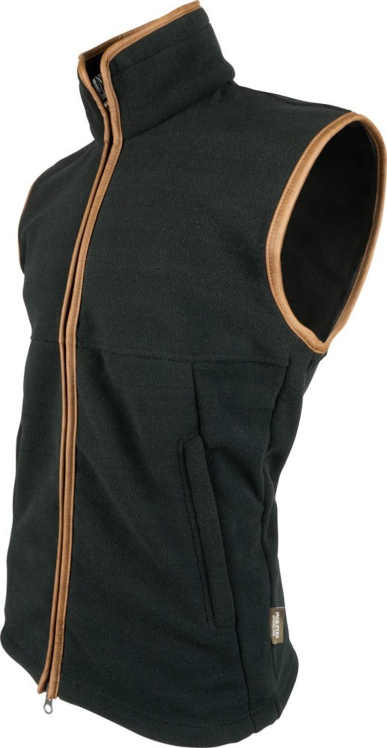 Jack Pyke Countryman Fleece Gilet in dark bottle green, front three-quarter view of the full-zip fleece bodywarmer with tan piping, on white.