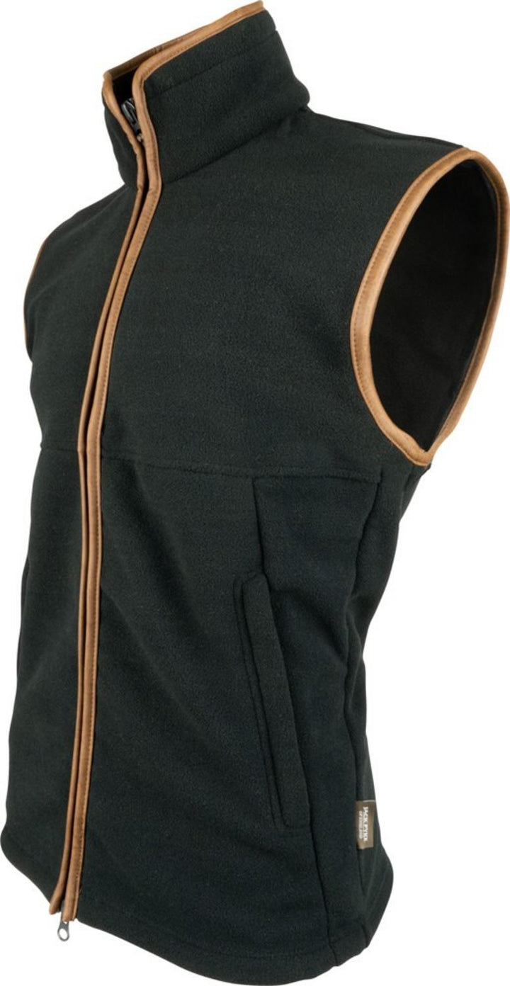 Jack Pyke Countryman Fleece Gilet in dark bottle green, front three-quarter view of the full-zip fleece bodywarmer with tan piping, on white.