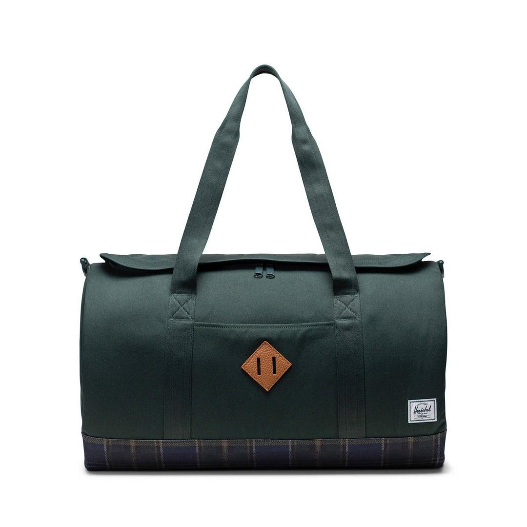 Herschel Bags Heritage Duffle Darkest Spruce Winter Plaid - Tonal stripe EcoSystem Liner made from 100% recycled post-consumer water bottles, Signature diamond detail