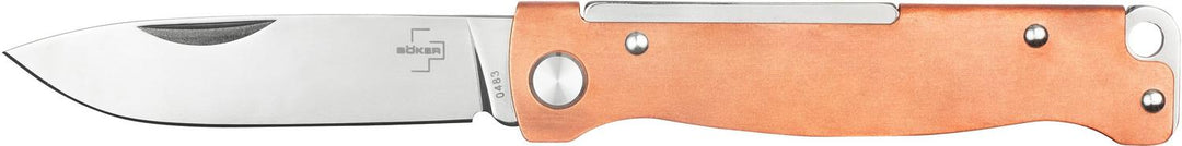 Böker Plus Atlas Copper slipjoint folding knife open, copper handle and satin blade, side view on white
