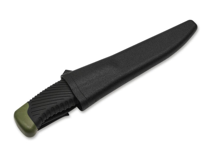 Böker Magnum Falun Green knife shown in its black plastic sheath, handle emerging, angled view