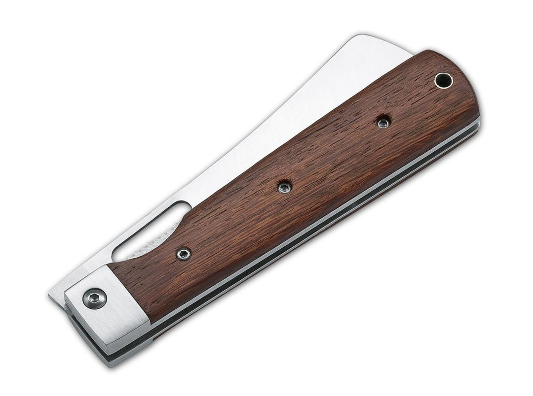 Böker Magnum Outdoor Cuisine III with wooden handle, folded and closed, angled back view showing blade