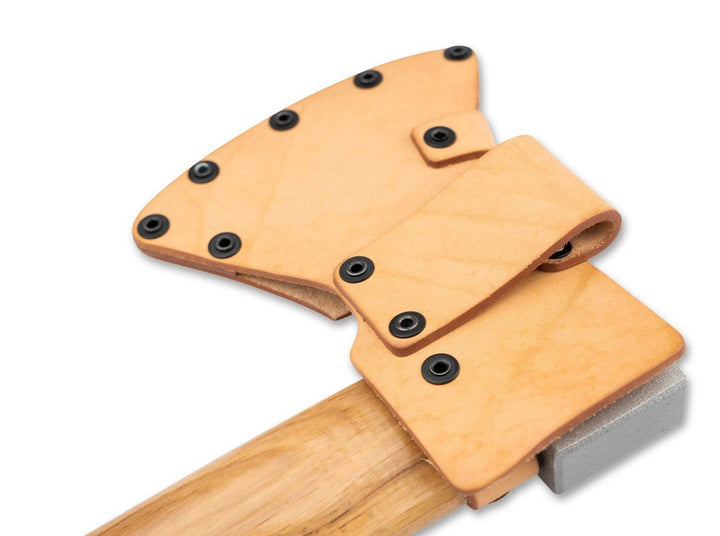 Böker Plus Appalachian axe sheath in tan leather, rear view fitted on an axe with the wooden handle