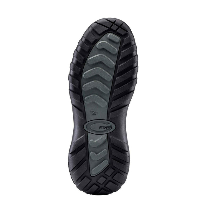 Sole of the purple Grubs Tideline 4.0 wellington boot shown from below, black tread with grey chevron pattern
