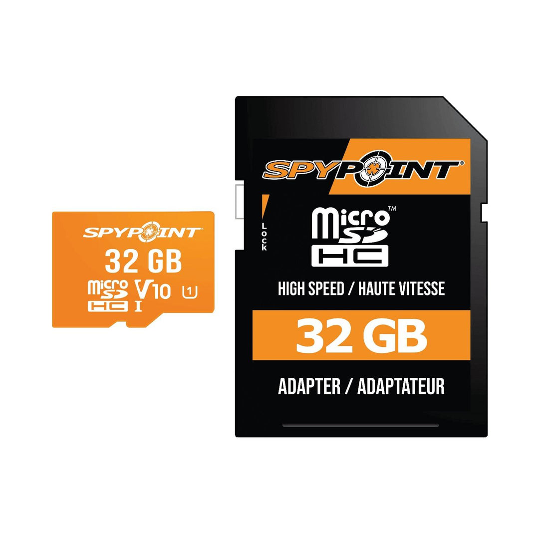 Spypoint 32GB microSD card in orange, shown beside its black SpyPoint-branded SD adaptor marked High Speed 32GB