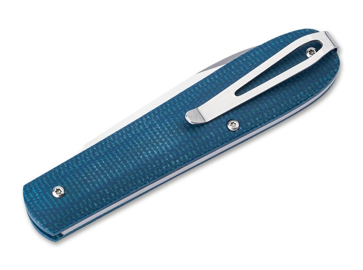 Böker Coffin pocket knife, close-up of blue denim micarta handle with steel pocket clip, back view