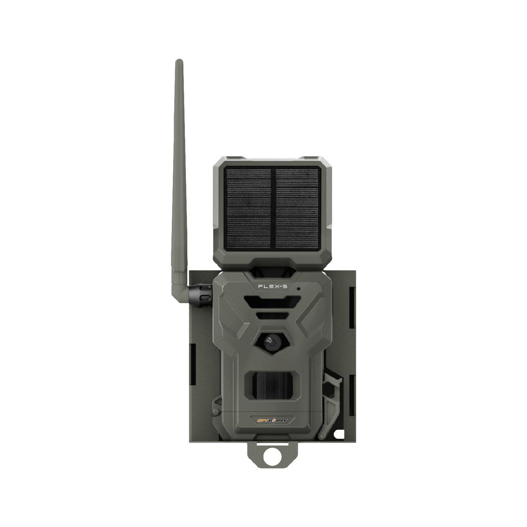 Spypoint SB-500S security box with camera and solar panel fitted, three-quarter view showing the depth of the steel housing