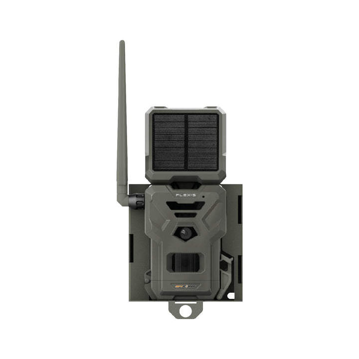 Spypoint SB-500S security box with camera and solar panel fitted, three-quarter view showing the depth of the steel housing