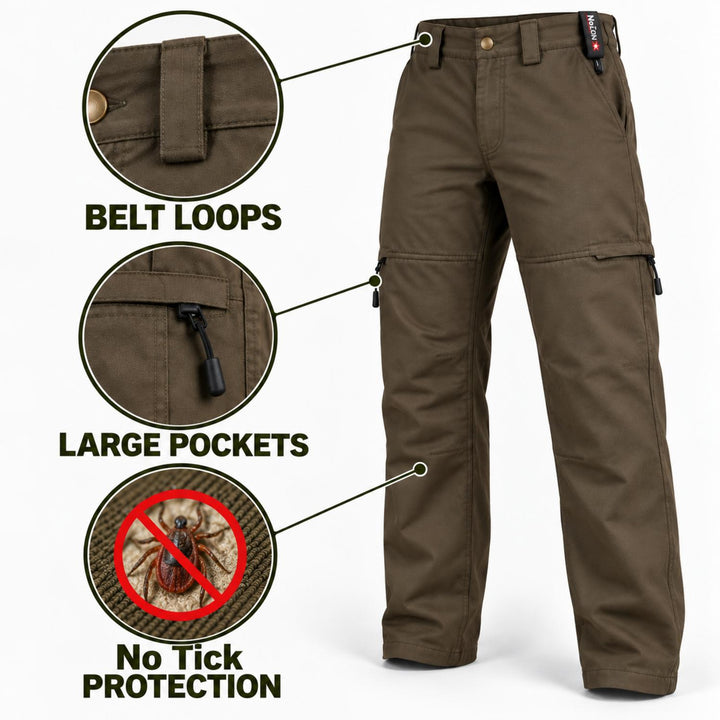 Feature graphic for the No Tick Forest Trousers highlighting belt loops, large pockets and No Tick tick-repellent protection