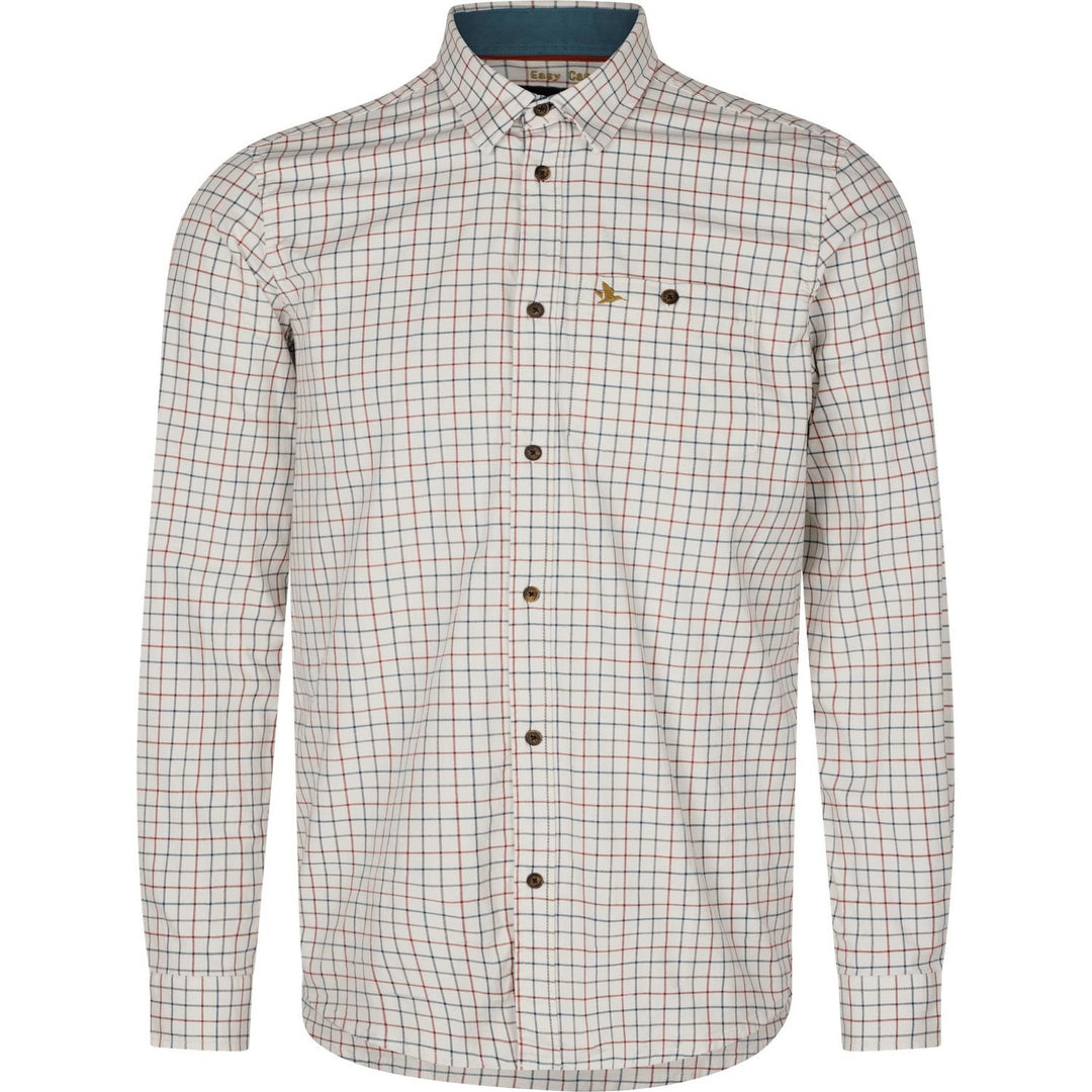 Seeland Oxford shooting shirt in cream with red and blue tattersall check, flat ghost-mannequin front view with contrast inner collar