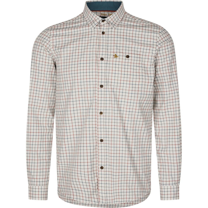 Seeland Oxford shooting shirt in cream with red and blue tattersall check, flat ghost-mannequin front view with contrast inner collar