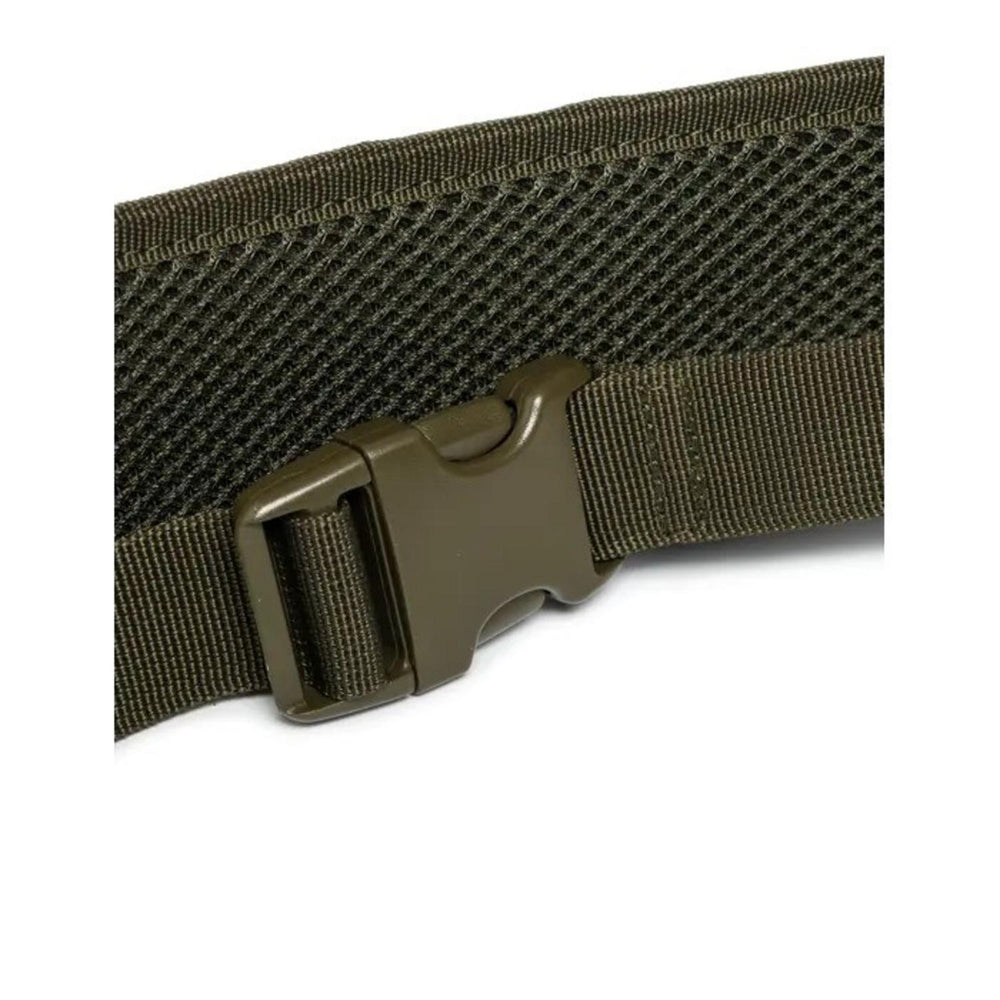 Close-up of the Beretta GameKeeper EVO 12g cartridge belt buckle: an olive side-release clip on wide webbing with breathable mesh backing.