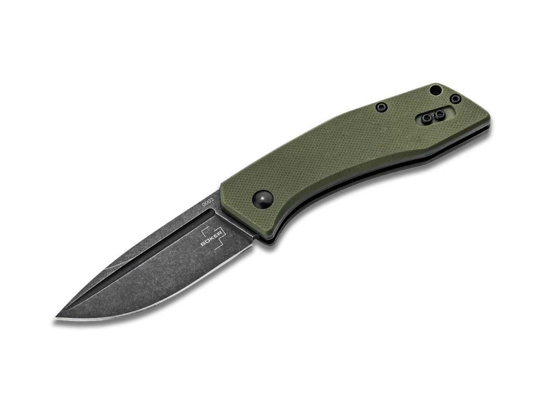 Böker Plus Worldwide 2.0 folding knife with olive green G10 handle and black stonewashed drop-point blade, open side view