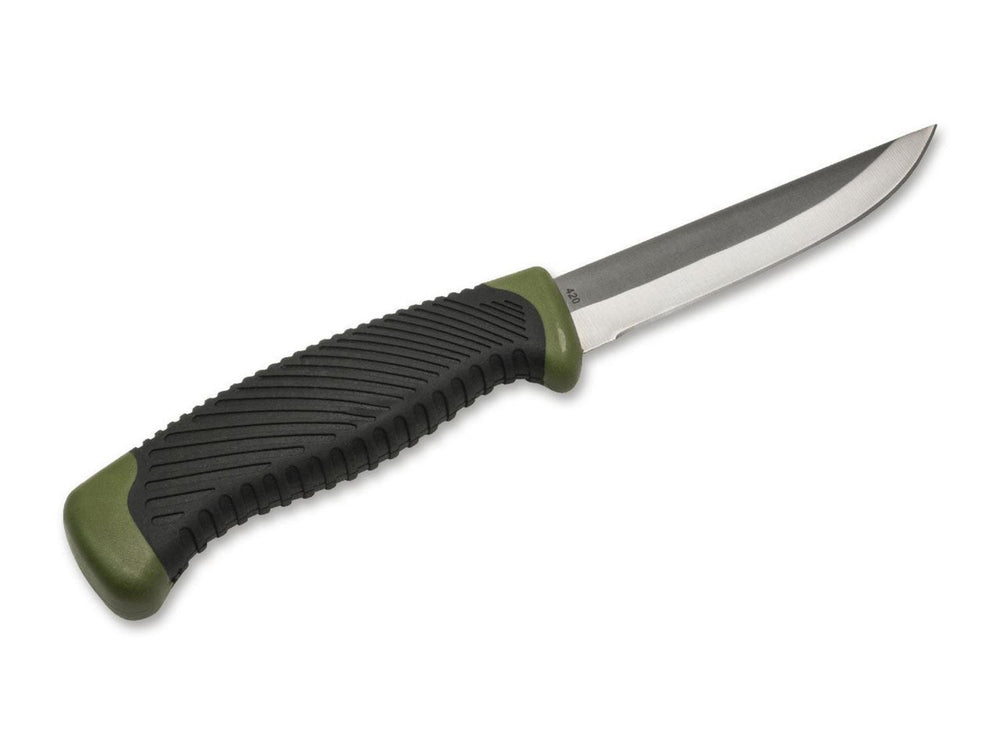 Böker Magnum Falun Green knife with black and olive handle and satin blade, reverse side view on white background