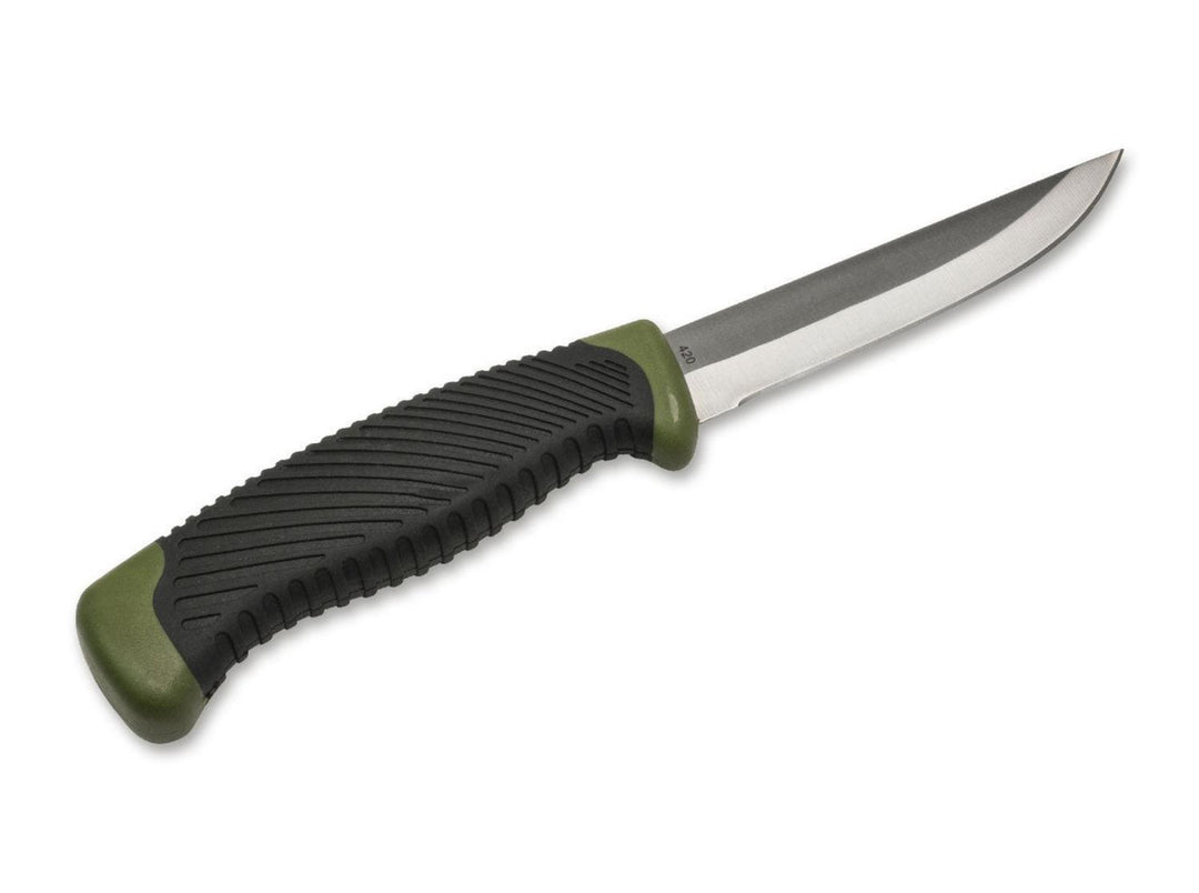 Böker Magnum Falun Green knife with black and olive handle and satin blade, reverse side view on white background
