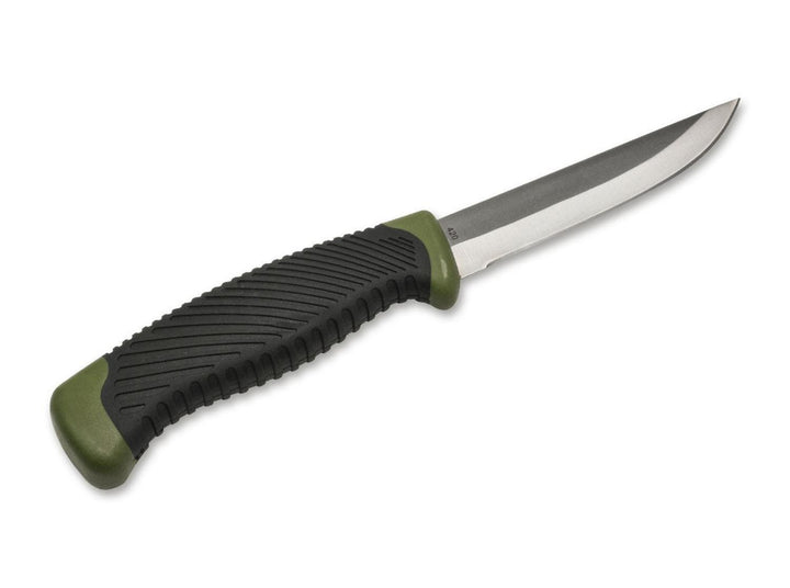 Böker Magnum Falun Green knife with black and olive handle and satin blade, reverse side view on white background