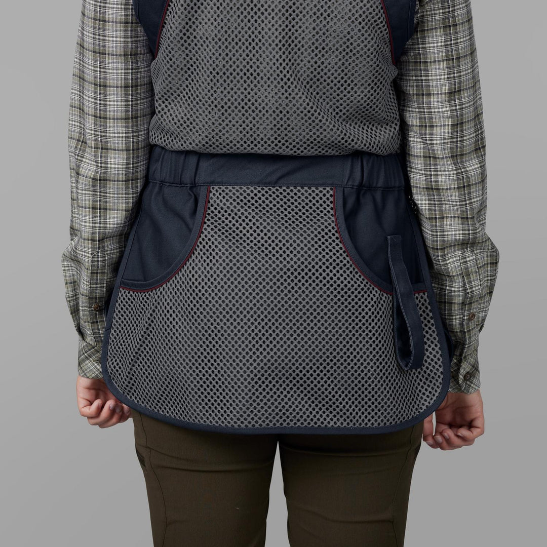 Model wearing the Seeland Skeet II Lady waistcoat, back view showing the grey mesh back panel, elasticated waist and rear pocket