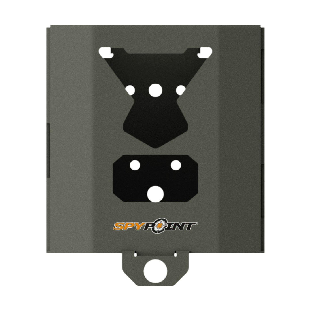 Spypoint SB-500S trail camera security box in grey-green steel, front view showing the cut-outs for the lens and flash and the SpyPoint logo