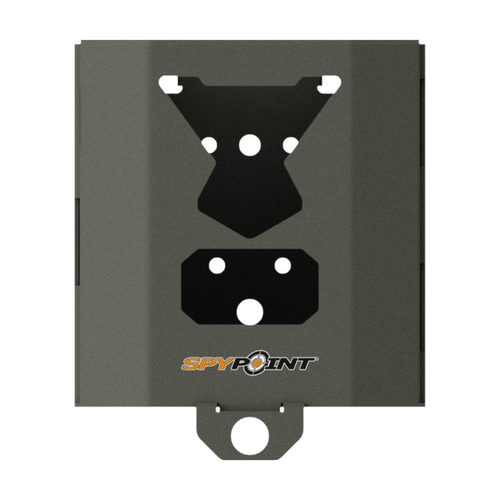 Spypoint SB-500S trail camera security box in grey-green steel, front view showing the cut-outs for the lens and flash and the SpyPoint logo