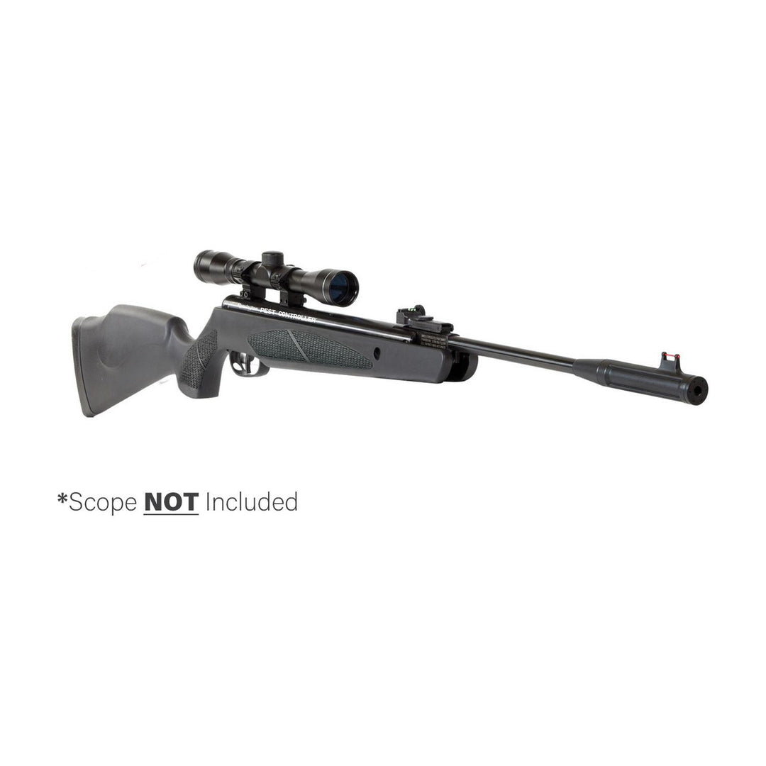SMK Remington Pest Controller .22 break-barrel air rifle in black with a grey synthetic stock, side view facing right with a telescopic sight fitted and a printed '*Scope NOT Included' disclaimer beneath.