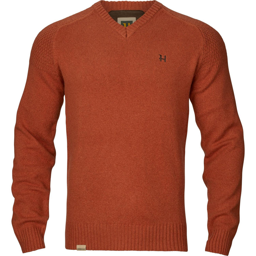 Harkila Vincent merino v-neck pullover in bombay rust – view 9: front view of the jumper on an invisible mannequin