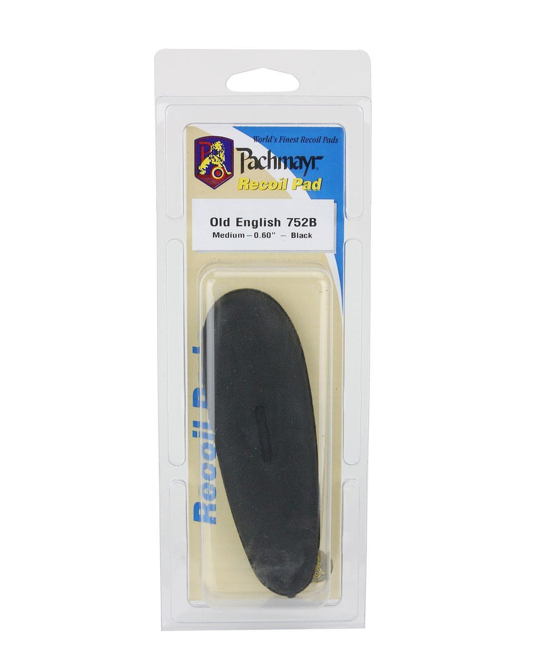 Pachmayr Old English 752B black recoil pad in its retail blister pack with the medium 0.60 inch size label