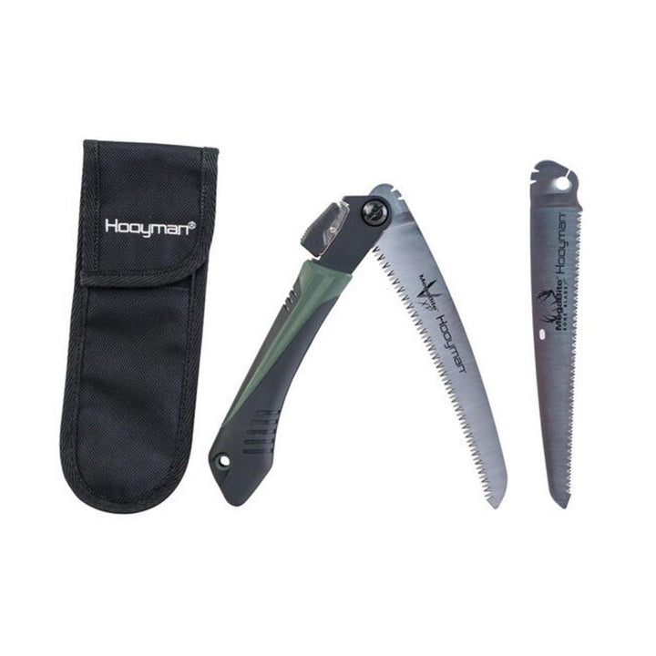 Hooyman MegaBite 8 inch folding hand saw shown open with its green and black handle, alongside the black nylon belt pouch and a spare blade