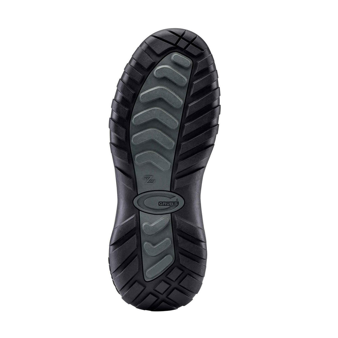 Sole of the black Grubs Tideline 4.0 wellington boot shown from below, black tread with grey chevron pattern