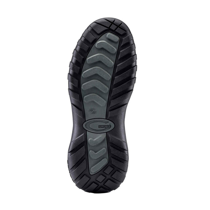 Sole of the black Grubs Tideline 4.0 wellington boot shown from below, black tread with grey chevron pattern