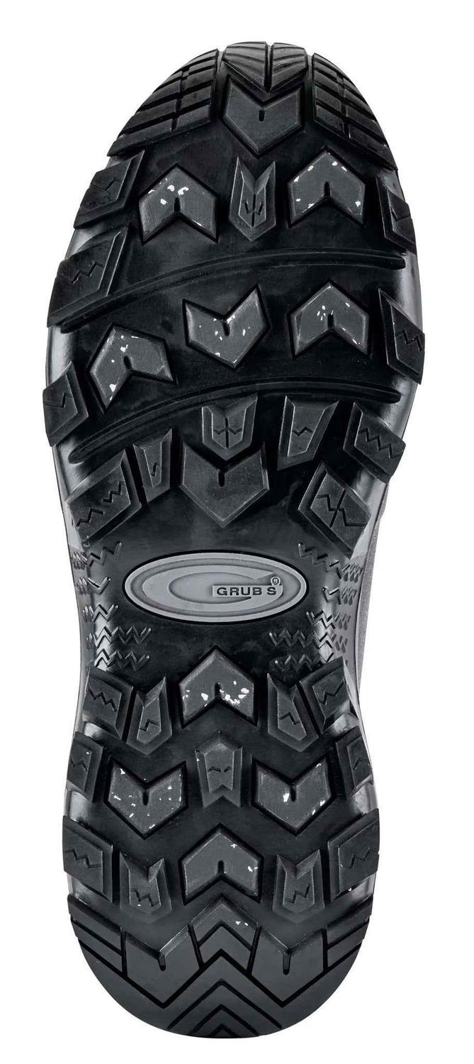 Sole of the Grubs Bearline 8.5 wellington boot shown from below, aggressive studded tread with Grubs badge