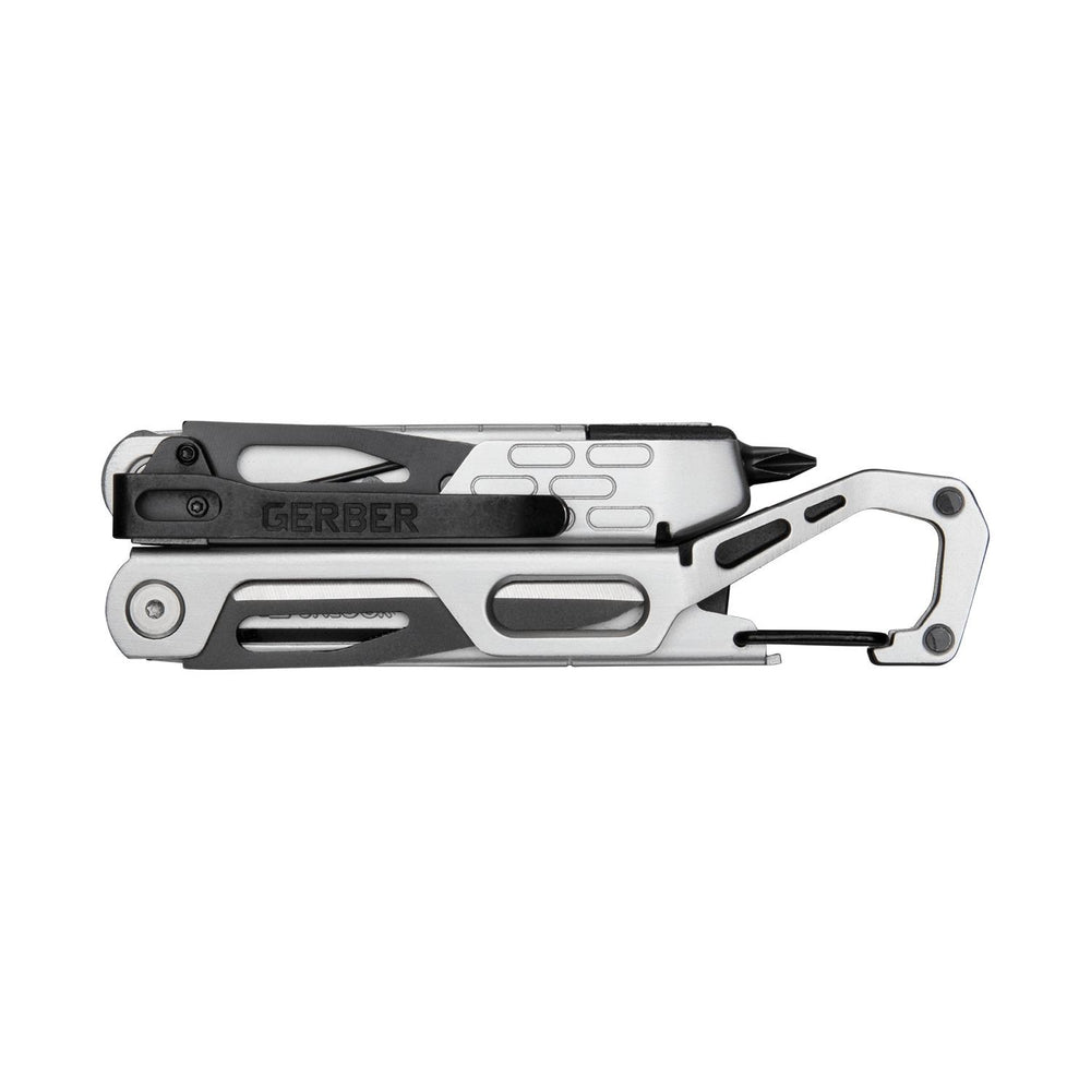Gerber Stakeout Drive multi-tool closed, side view of the slim stainless handle with the Gerber logo and integrated carabiner