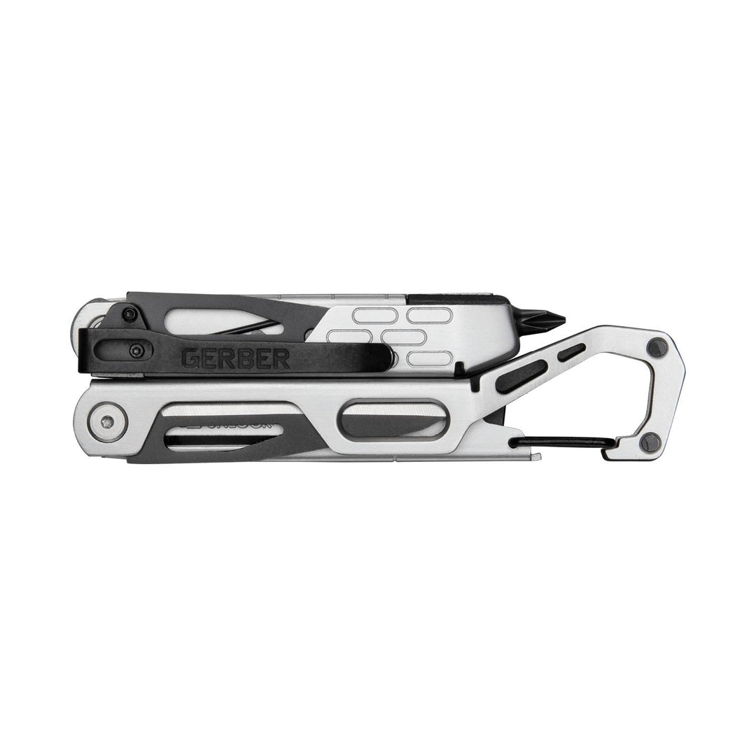 Gerber Stakeout Drive multi-tool closed, side view of the slim stainless handle with the Gerber logo and integrated carabiner