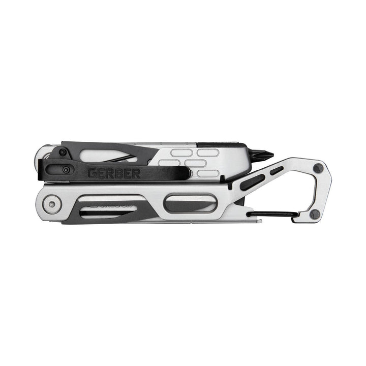 Gerber Stakeout Drive multi-tool closed, side view of the slim stainless handle with the Gerber logo and integrated carabiner