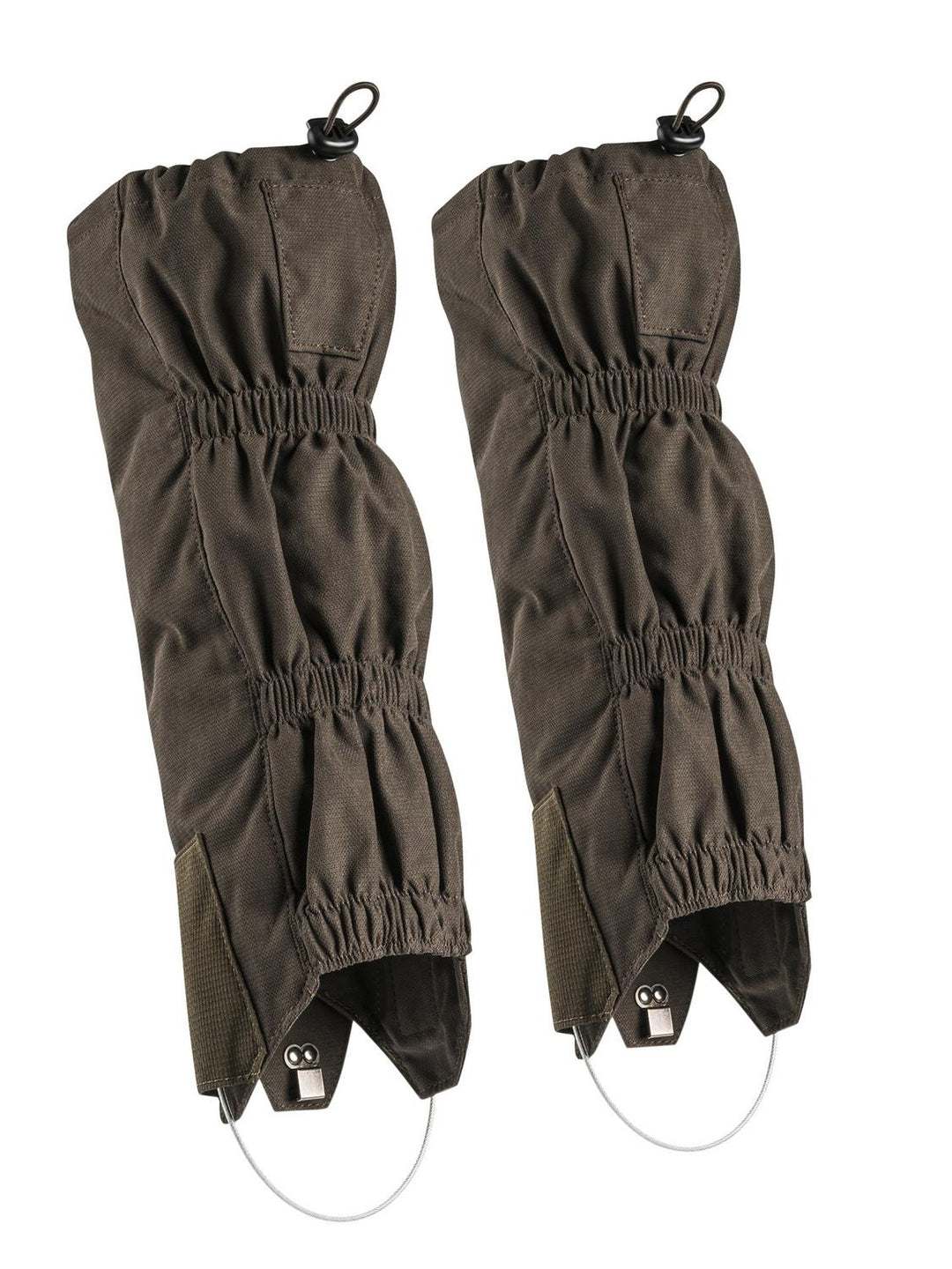 Beretta Quiet Stride gaiters in Brown Bark dark brown, pair front view showing elasticated ruched panels and drawcord top