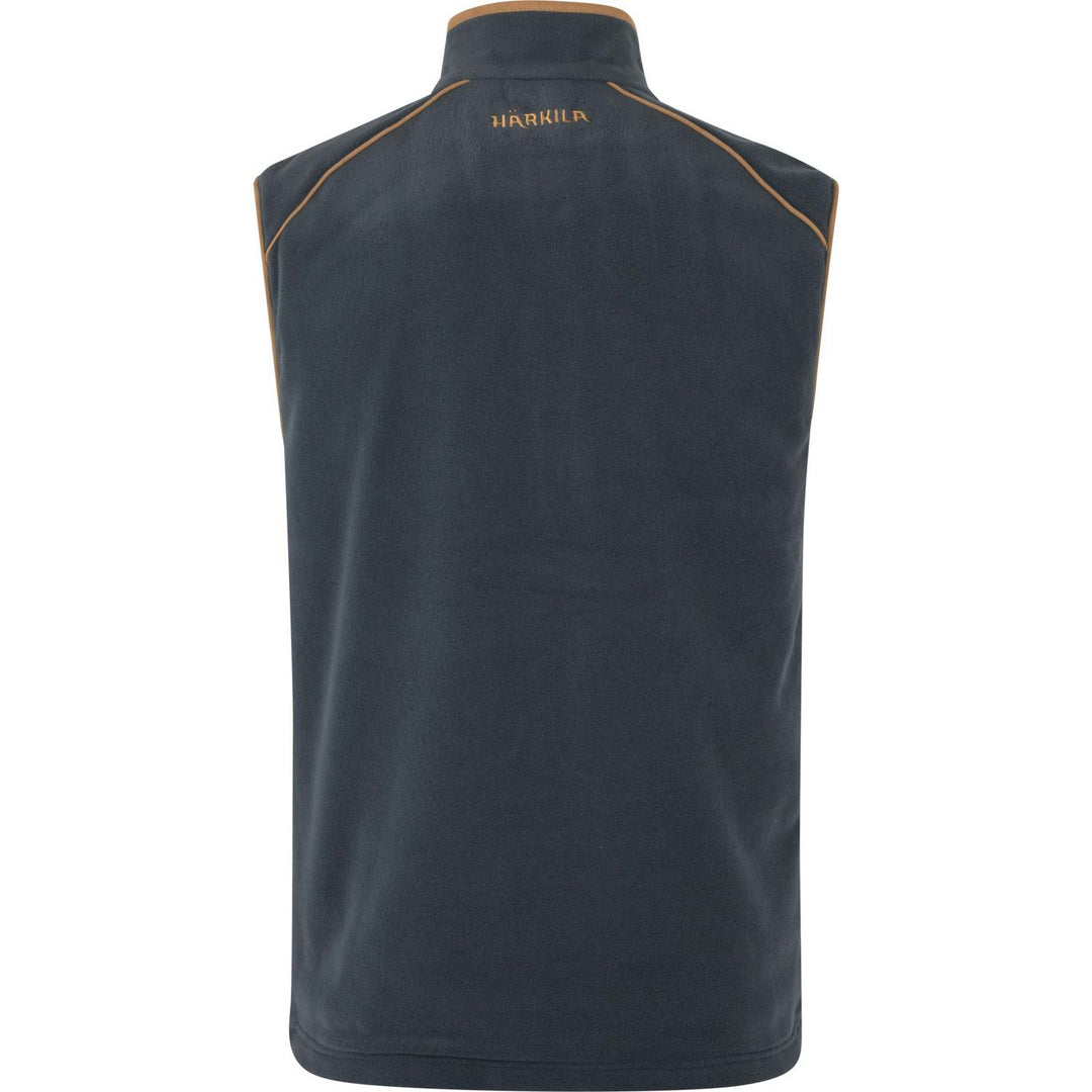 Härkila Sandhem 200 fleece waistcoat in dark navy, rear view with the tonal HARKILA wordmark across the upper back