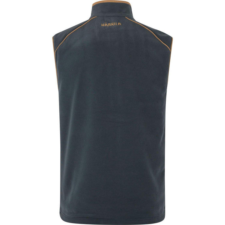 Härkila Sandhem 200 fleece waistcoat in dark navy, rear view with the tonal HARKILA wordmark across the upper back