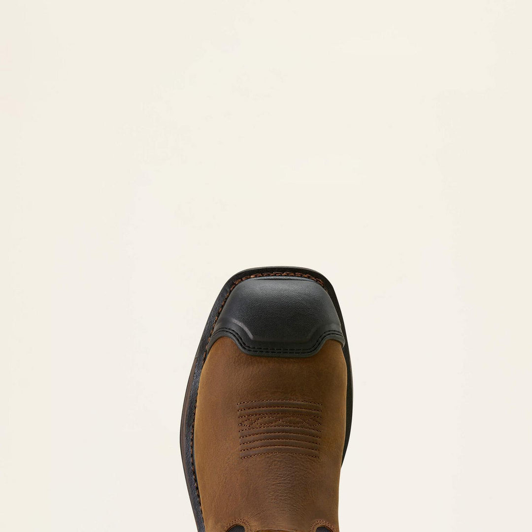 Top-down view of the Ariat WorkHog XT square toe showing the black rubber toe guard over brown leather