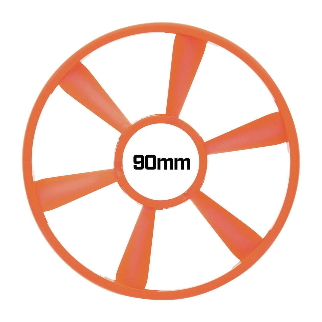 Caldwell ClayCopter 90mm target disc in orange, flat front view of the six-spoke disc with '90mm' printed in the centre hub