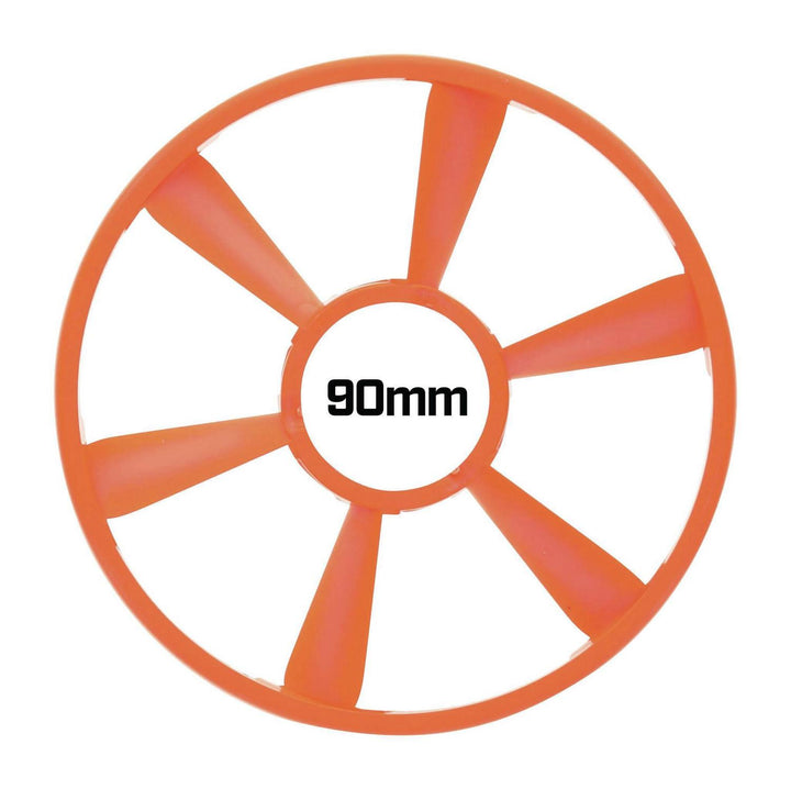 Caldwell ClayCopter 90mm target disc in orange, flat front view of the six-spoke disc with '90mm' printed in the centre hub