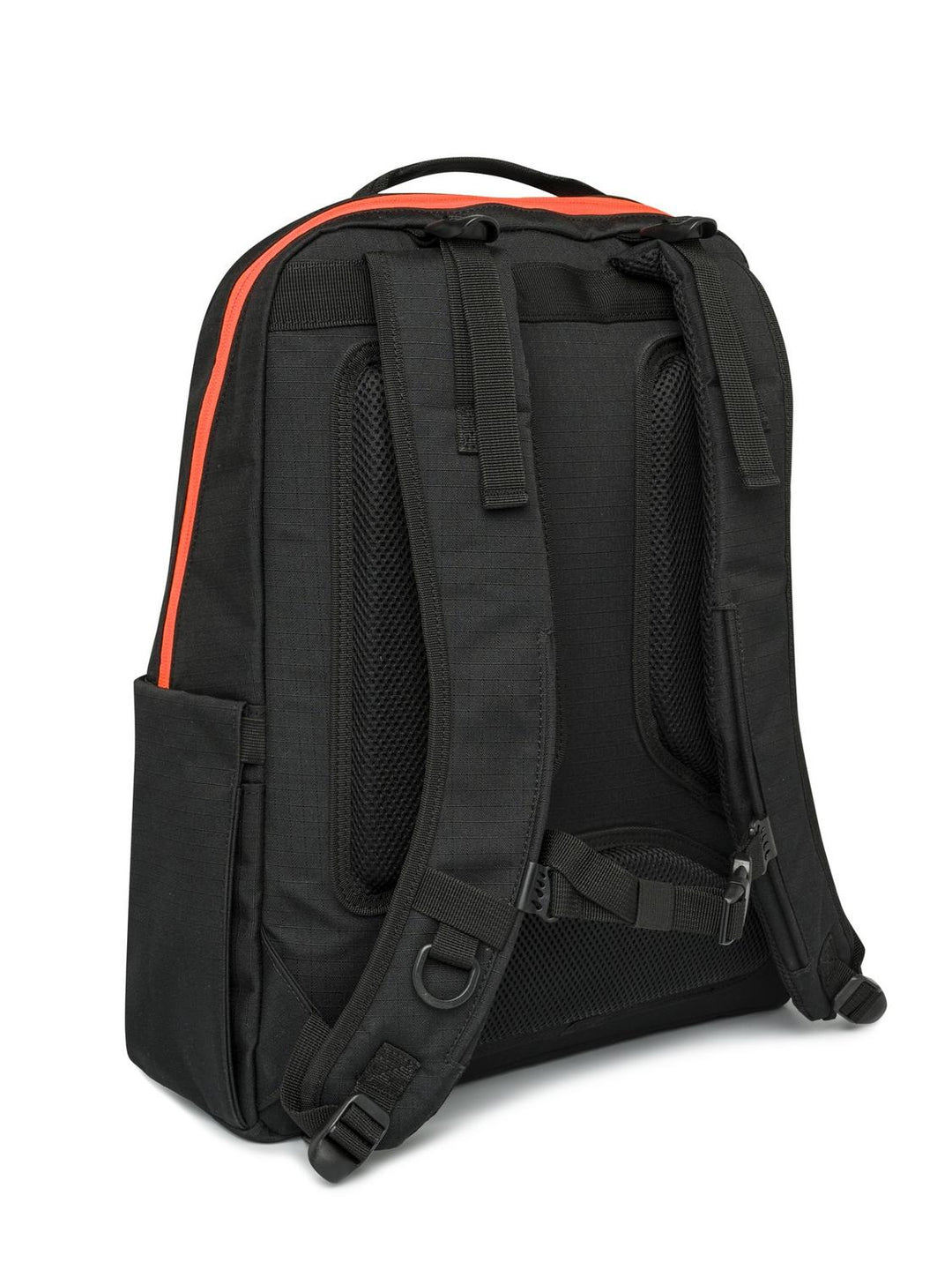Rear three-quarter view of the black and orange Beretta Challenge Backpack showing the padded harness, adjustable straps and side pocket.