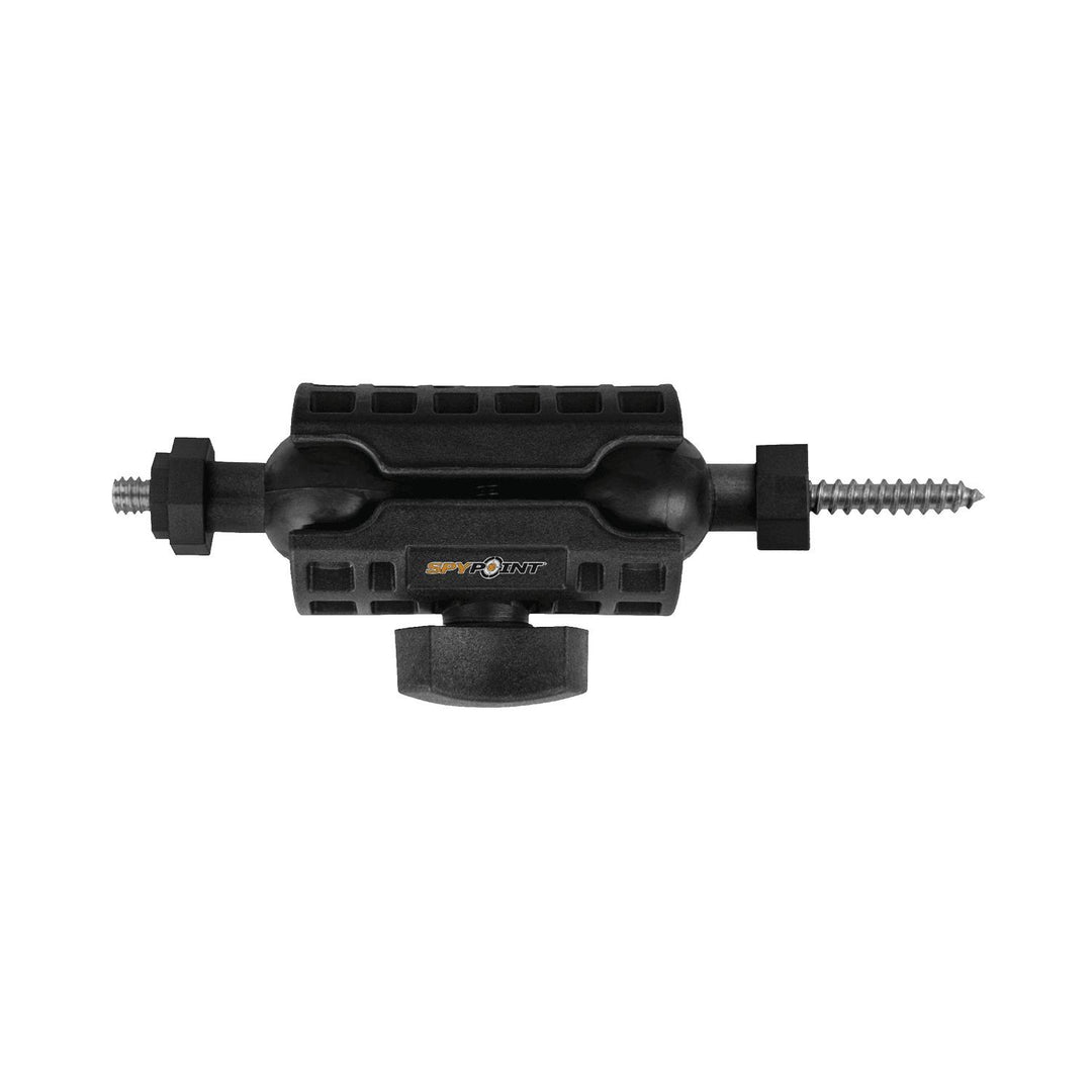 Spypoint mounting arm seen from the side with the tree screw extended horizontally and the camera mounting plate beneath