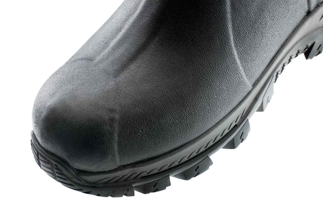 Toe and lower front of the black Grubs Bearline 8.5 wellington boot, close-up angled view
