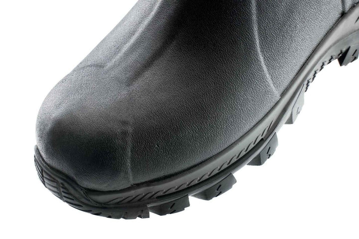 Toe and lower front of the black Grubs Bearline 8.5 wellington boot, close-up angled view