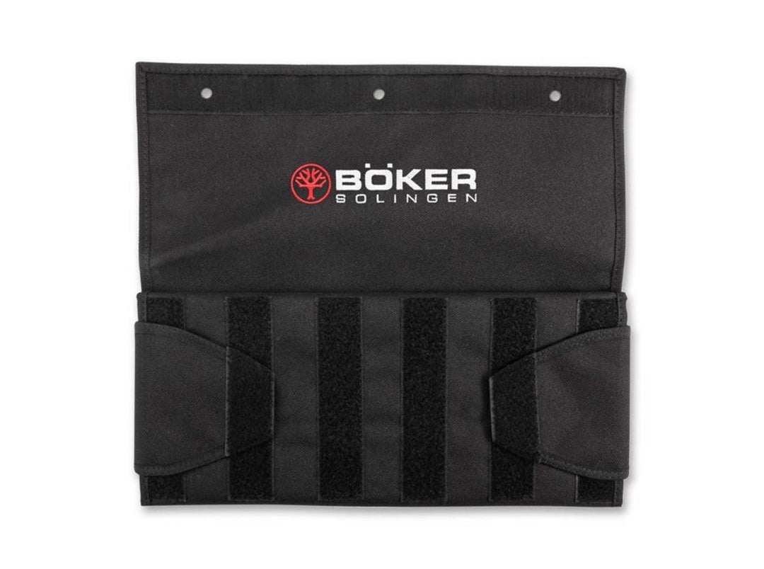 Böker Knife Vault 2.0 black pocket knife display bag opened flat with hook-and-loop straps and Böker Bolingen logo