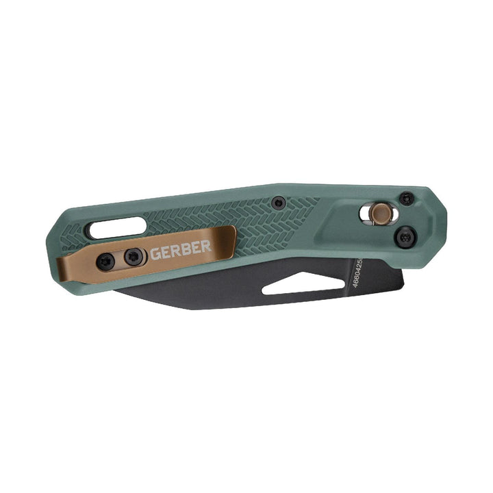 Close-up of the Gerber Vista handle in Baltic Haze, showing the dimpled texture, bronze Gerber inlay and the black blade folded inside
